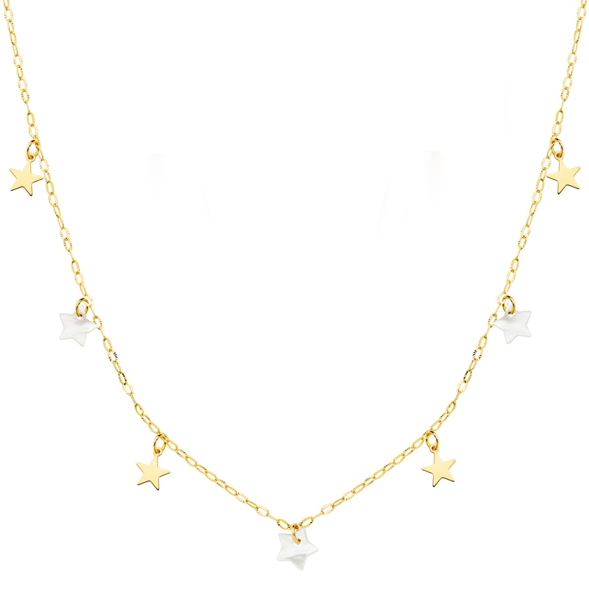 18K GARGANTILLA ORO AMARILLO ESTRELLAS LISAS Y NACAR 5.5 MM CADENA FORZADA 45 CM