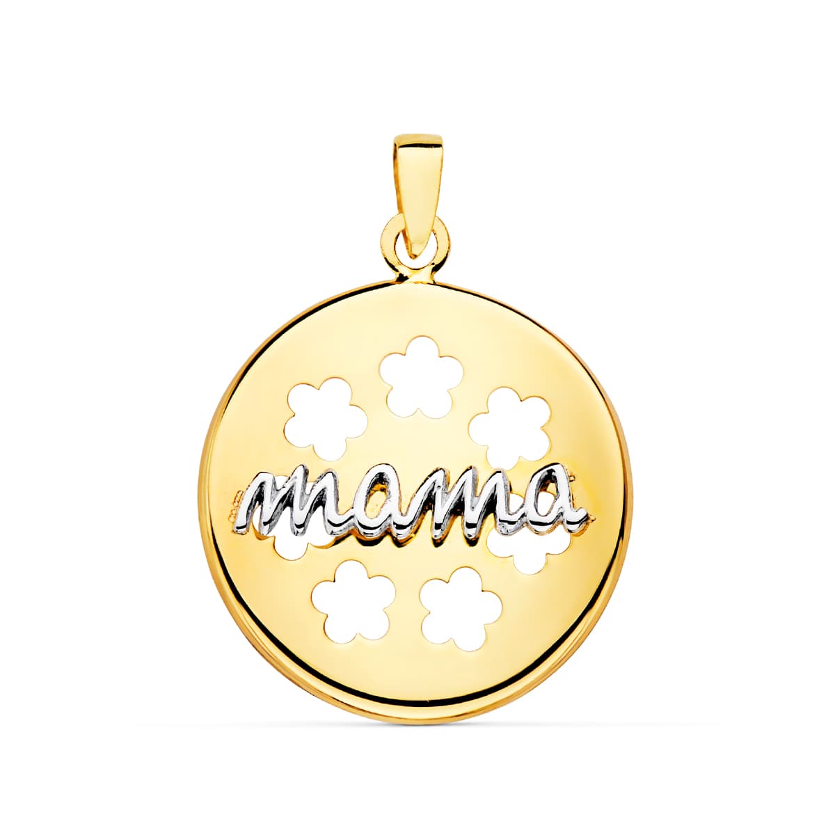 18K COLGANTE ORO BICOLOR REDONDO CON FLORES CALADAS. 18 MM