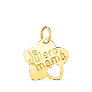 18K COLGANTE ORO AMARILLO FLOR TE QUIERO MAMA CON CORAZON CALADO 15X14 MM