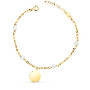 18K PULSERA ORO AMARILLO CON PERLAS 3.5MM Y CHAPA REDONDA 10MM. LARGO: 15+2CM