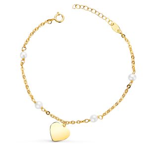 18K PULSERA ORO AMARILLO CON PERLAS 3.5MM Y CHAPA CORAZON 10MM. LARGO: 15+2CM