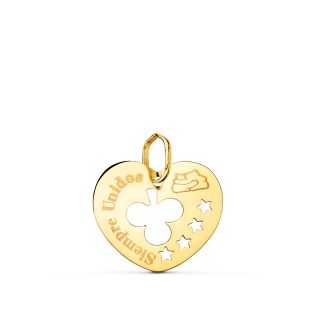 18K COLGANTE ORO AMARILLO CORAZON CALADO SIEMPRE UNIDOS Y TREBOL 16 MM
