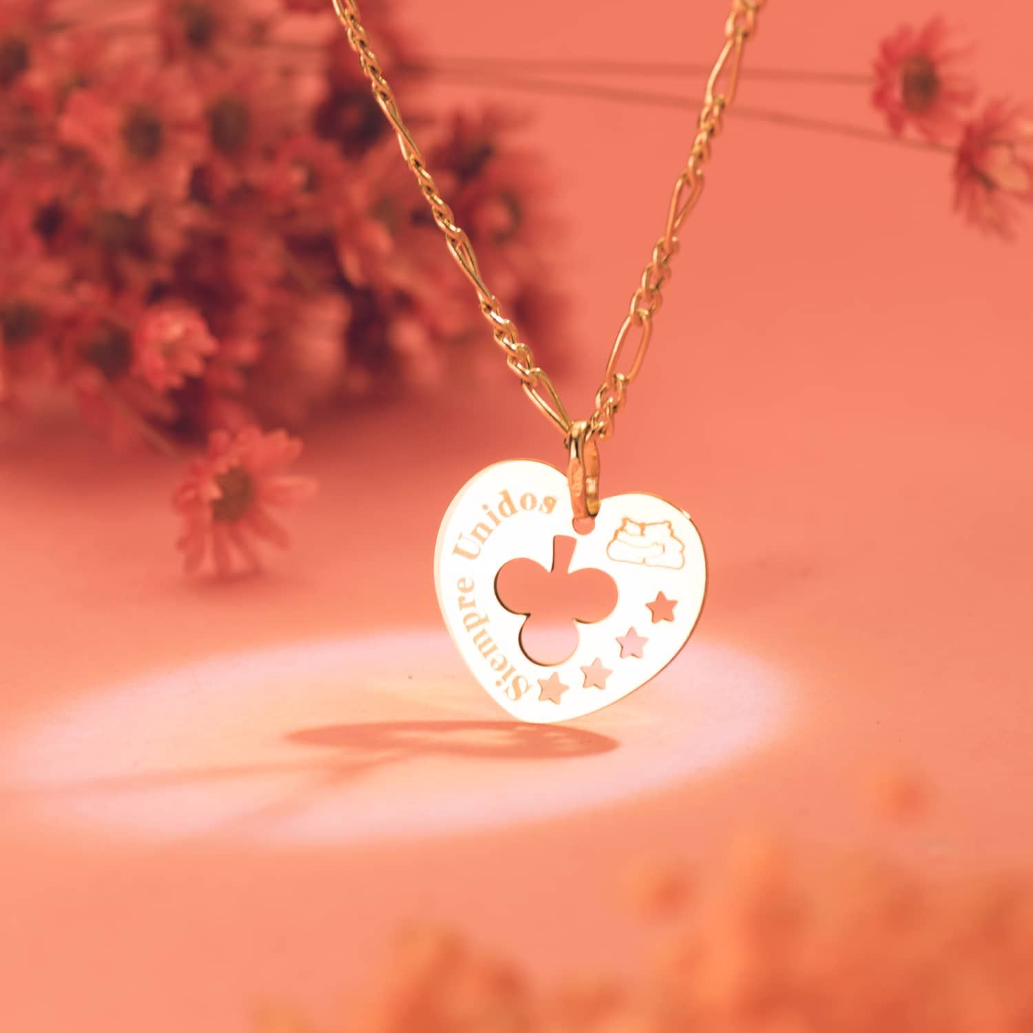 18K COLGANTE ORO AMARILLO CORAZON CALADO SIEMPRE UNIDOS Y TREBOL 16 MM - Imagen 2