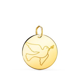 18K COLGANTE ORO AMARILLO REDONDO CON PALOMA GRABADA EN BRILLO 18 MM