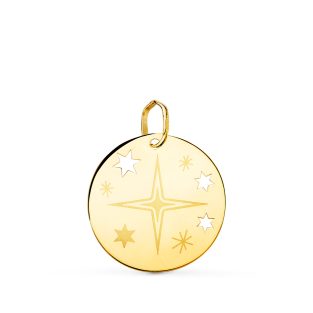 18K COLGANTE ORO AMARILLO REDONDO ROSA DE LOS VIENTOS GRABADA EN BRILLO 18 MM