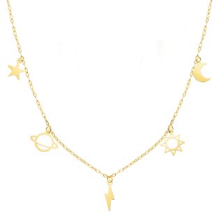 18K GARGANTILLA ORO AMARILLO CON COLGANTES UNIVERSO CADENA FORZADA TALLADA 42 3 CM