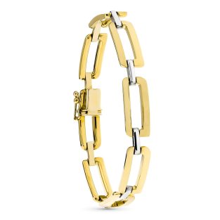 18K PULSERA ORO BICOLOR ESLABON RECTANGULAR Y BARRA MATE Y BRILLO