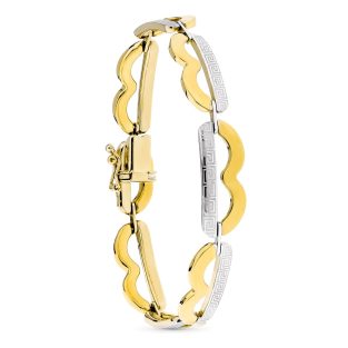 18K PULSERA ORO BICOLOR ESLABON LOBULOS CON GRECA