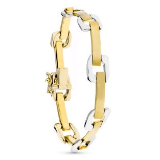18K PULSERA ORO BICOLOR ESLABON CUADRADO Y BARRAS MATE Y BRILLO