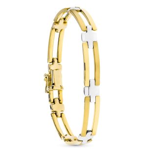 18K PULSERA ORO BICOLOR ESLABONES BARRAS Y CRUCES MATE Y BRILLO