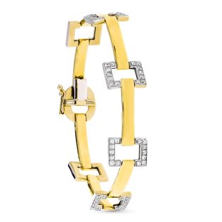 18K PULSERA ORO BICOLOR BARRAS Y CUADRADOS CON CIRCONITAS 20 CM