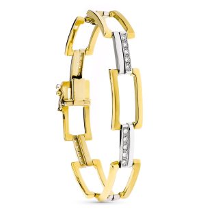 18K PULSERA ORO BICOLOR RECTANGULOS Y BARRAS CON CIRCONITAS 20 CM