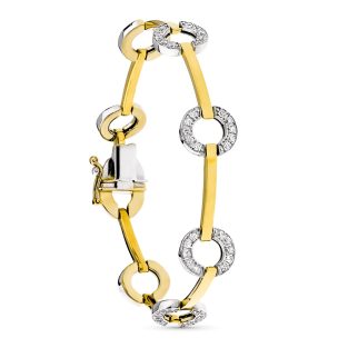 18K PULSERA ORO BICOLOR BARRAS Y CIRCULOS CON CIRCONITAS 19.5 CM