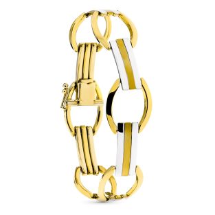 18K PULSERA ORO BICOLOR ESLABONES OVALES Y BARRAS
