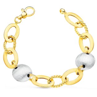 18K PULSERA ORO BICOLOR ARTICULADA MOTIVOS OVALES Y REDONDOS MATIZADOS. 19. CM