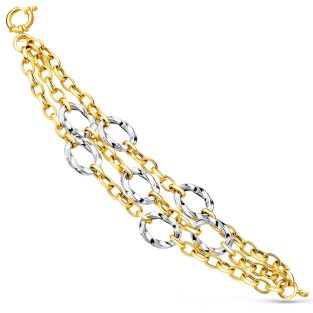 18K PULSERA ORO BICOLOR TRIPLE CADENA HUECA MOTIVOS REDONDOS 20 CM