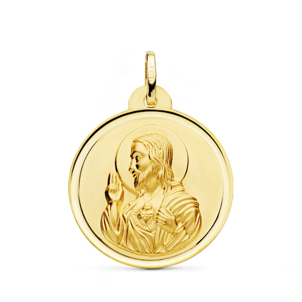 18K MEDALLA CRISTO SAGRADO CORAZON DE JESUS BISEL 26 MM