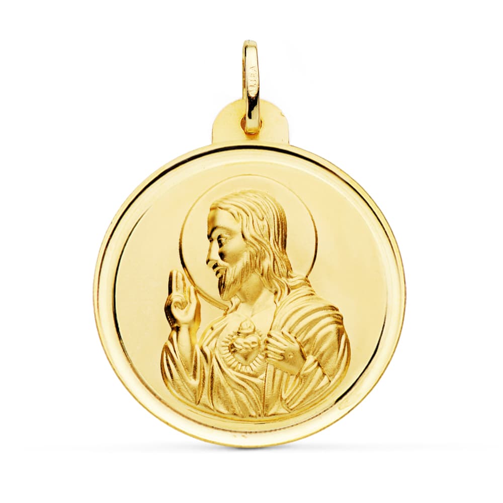 18K MEDALLA CRISTO SAGRADO CORAZON DE JESUS BISEL 30 MM