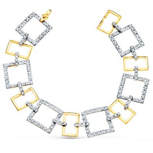 18K PULSERA ORO BICOLOR ESLABONES CUADRADOS Y MOTIVOS CON CIRCONITAS 20 CM