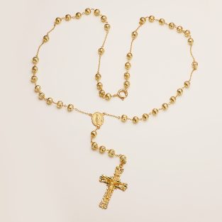 18K ROSARIO CON BOLAS 6 MM, CRUZ 45X27MM Y MILAGROSA. CADENA 65 CM