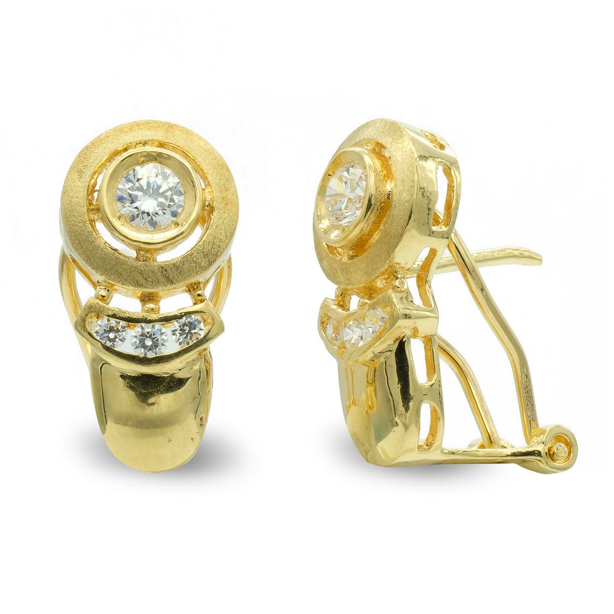 18K PENDIENTES ORO AMARILLO MATE Y BRILLO CIRCULO Y CIRCONITA