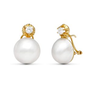 18K PENDIENTES ORO BICOLOR PERLA JAPONESA 14-14.5 MM CIERRE OMEGA