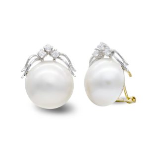 18K PENDIENTES ORO BICOLOR PERLA JAPONESA 14-16 MM Y CIRCONITAS