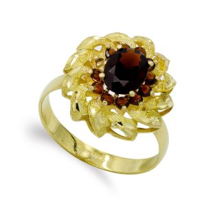 18K SORTIJA ORO AMARILLO Y PIEDRA OVAL CON CIRCONITAS Y HOJAS