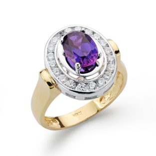 18K SORTIJA ORO BICOLOR MOTIVO OVAL CON CIRCONTIAS Y PIEDRA AMATISTA