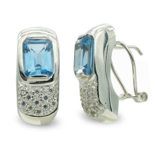 18K PENDIENTES ORO BLANCO PIEDRA AZUL CIRCONITAS 8X6 MM