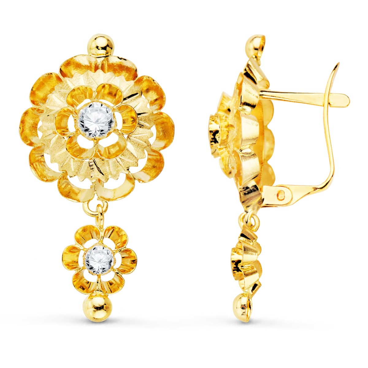 18K PENDIENTES ORO AMARILLO CUBANAS CON CIRCONITAS 32X16 MM CIERRE CATALAN