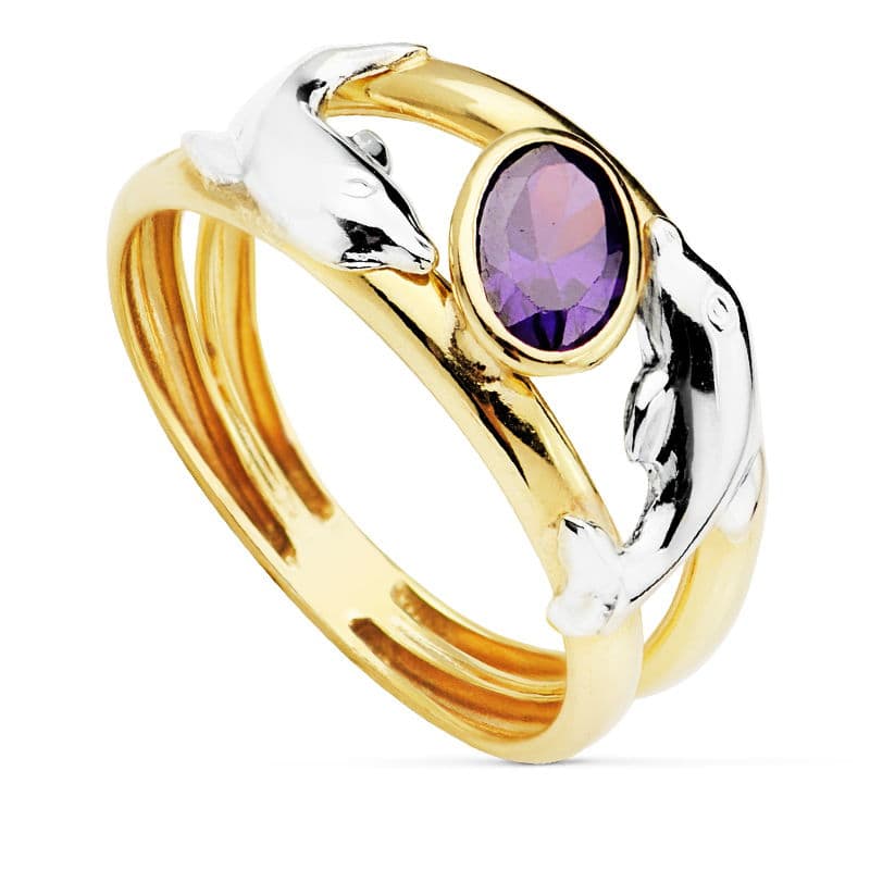 18K SORTIJA 2 HILOS 1 PIEDRA DELFINES BICOLOR