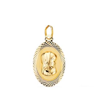 9K MEDALLA VIRGEN NIÑA OVAL TALLADA BRILLO Y MATE 18X12 MM