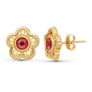 9K PENDIENTES ORO AMARIILLO FLOR 11MM PIEDRA ROJA