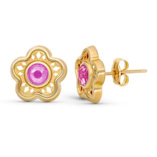 9K PENDIENTES ORO AMARILLO FLOR 11MM PIEDRA ROSA
