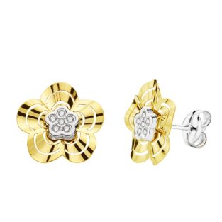 9K PENDIENTES ORO BICOLOR FLOR CIRCONITAS 10X10 MM CIERRE PRESION