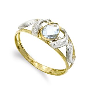 9K SORTIJA BICOLOR PIEDRA AGUAMARINA Y DELFINES