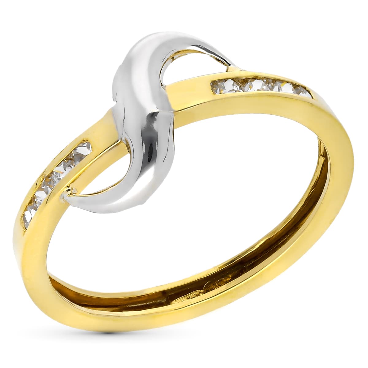 9K SORTIJA ORO BICOLOR CON CIRCONITAS EN CARRILES. ANCHO 8 MM