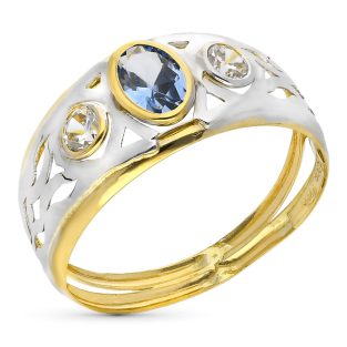 9K SORTIJA ORO BICOLOR CIRCONITA AGUAMARINA OVAL. ANCHO TOTAL 9 MM