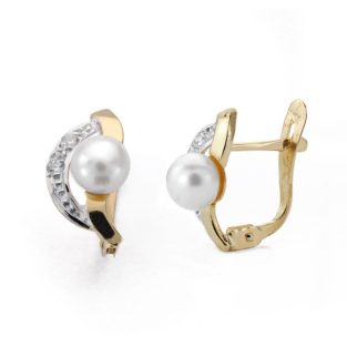 9K PENDIENTES ORO BICOLOR BANDAS CON PERLA Y CIRCONITAS 12X7 MM CIERRE CATALAN