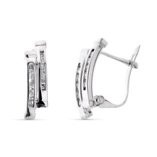 9K PENDIENTES ORO BLANCO BANDAS CON CIRCONITAS 15X5 MM CIERRE CATALAN