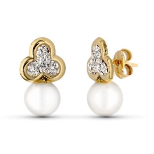 9K PENDIENTES COMUNION ORO AMARILLO TREBOL Y PERLA CULTIVADA 14X8 MM PRESION