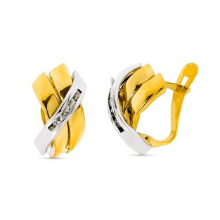 9K PENDIENTES ORO BICOLOR BANDAS CON CIRCONTIAS. 12X7 MM CIERRE CATALAN