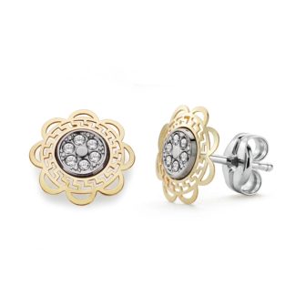 9K PENDIENTES ORO BICOLOR FLOR CALADA CON CIRCONITAS 9X9 MM CIERRE PRESION