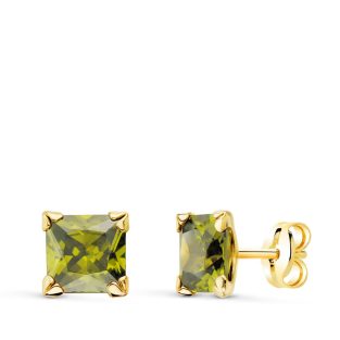 9K PENDIENTES ORO AMARILLO 4 GARRAS OLIVINA NATURAL 6X6 MM 2.30 QTS PRESION