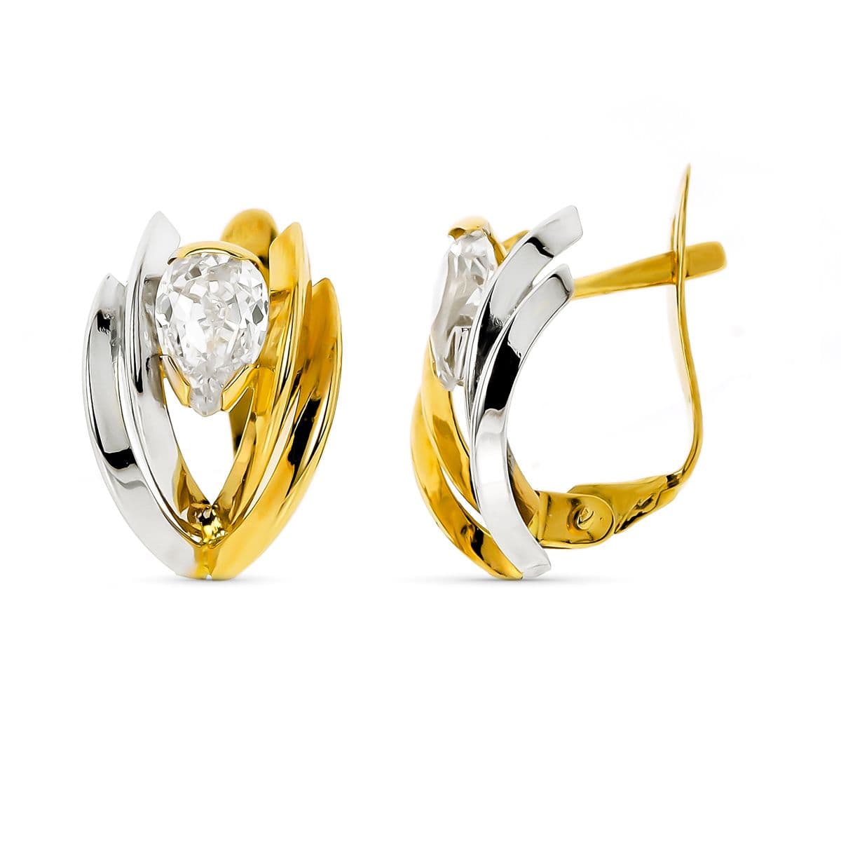 9K PENDIENTES ORO BICOLOR BANDAS CON CIRCONITAS 5X4 MM CIERRE CATALAN