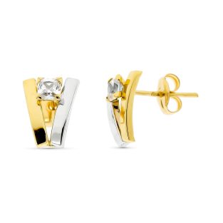 9K PENDIENTES ORO BICOLOR BANDAS CON CIRCONITAS CIERRE CATALAN