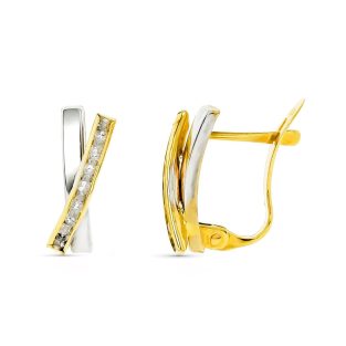 9K PENDIENTES ORO BICOLOR BANDAS CON CIRCONITAS 12X6 MM CIERRE CATALAN