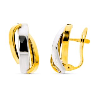 9K PENDIENTES ORO BICOLOR BANDAS LISAS. CIERRE CATALAN