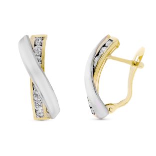 9K PENDIENTES ORO BICOLOR BANDAS CRUZADA CIRCONITAS 18X8 MM CATALAN